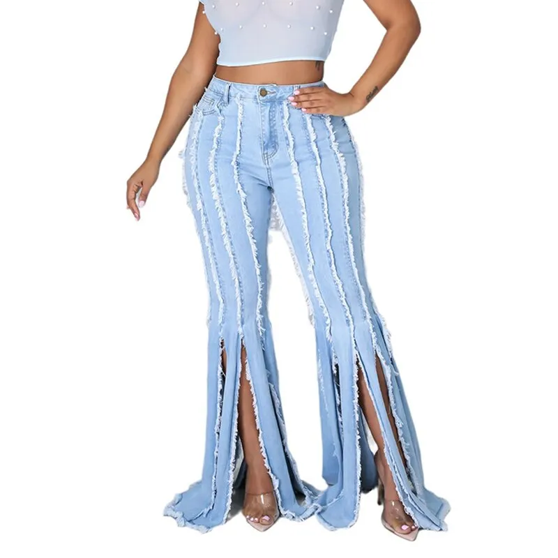 Split Tassel Jeans Flared Pants Women Blue Streetwear Denim Trousers Lady Solid Color Denim Jeans Fashion Denim Boot Cut Pants