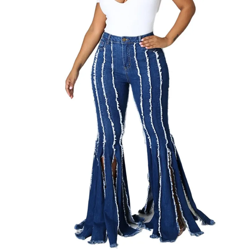 Split Tassel Jeans Flared Pants Women Blue Streetwear Denim Trousers Lady Solid Color Denim Jeans Fashion Denim Boot Cut Pants