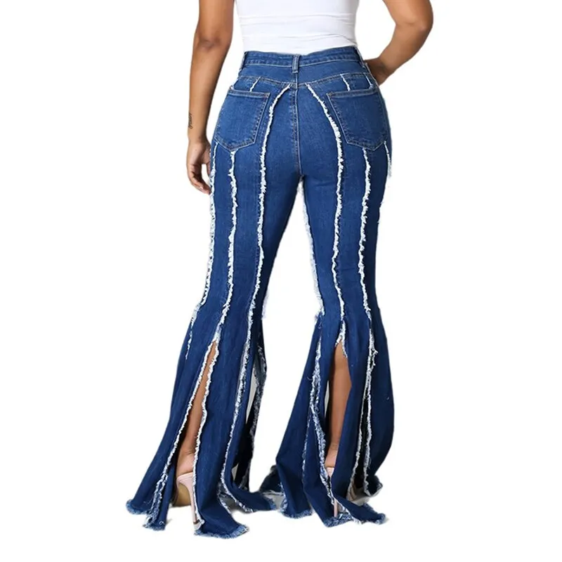 Split Tassel Jeans Flared Pants Women Blue Streetwear Denim Trousers Lady Solid Color Denim Jeans Fashion Denim Boot Cut Pants