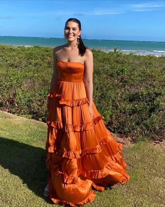 Strapless Burnt Orange A Line Layered Satin Long Prom Dress        fg6178