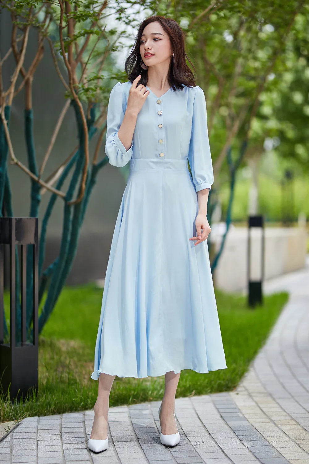 summer chiffon dress, blue dress, fitted dress, party dress, midi dress, v neck dress, pleated dress, elegant dress, handmade dress 2180