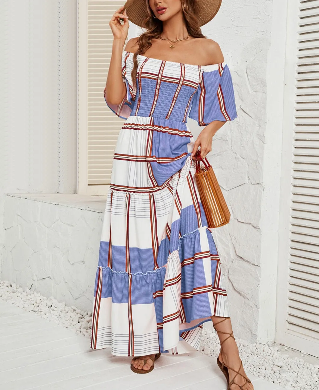 Summer One Line Collar Striped Dress