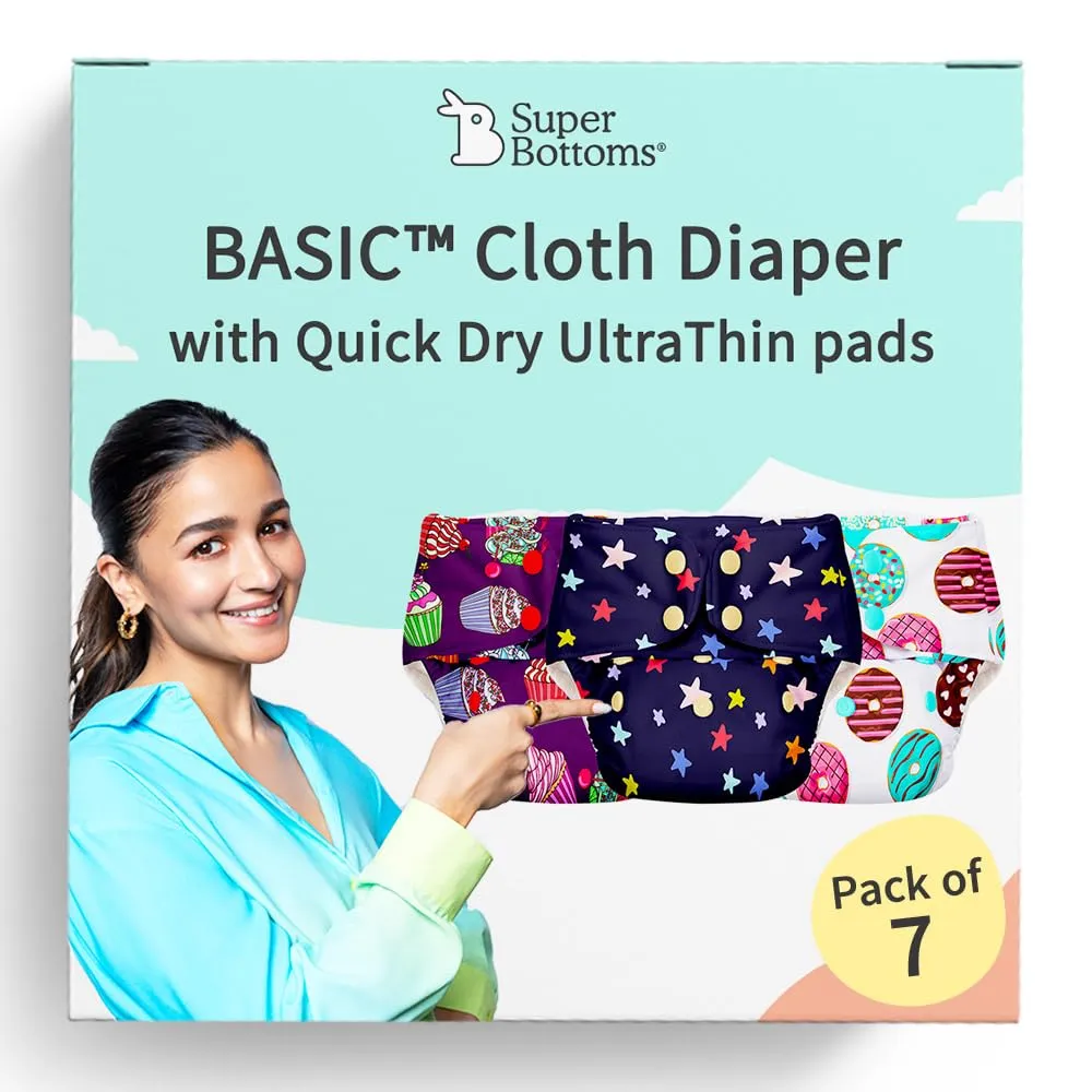 SuperBottoms BASIC Pack of 14 Side Leakage Proof Reusable Cloth Diaper with Quick Dry UltraThin pads|Freesize, Rash Free,for Kids 0-3 Yrs|Stay Dry & Lasts up to 3Hrs|7 Shell   7 Pads - Assorted