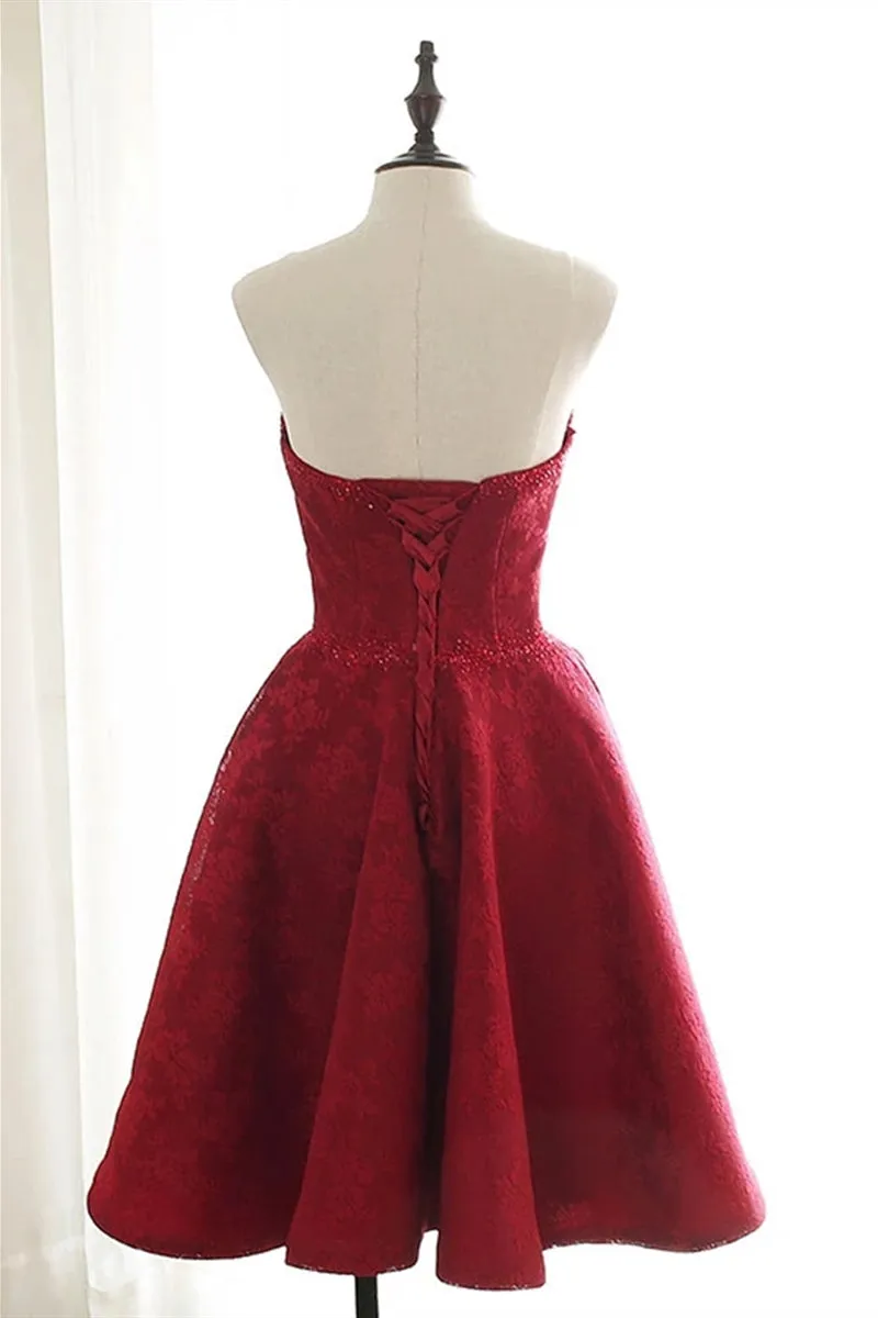 Sweetheart Neck Strapless Burgundy Lace Short Prom Dress Homecoming Dress, Open Back Lace Burgundy Formal Graduation Evening Dress