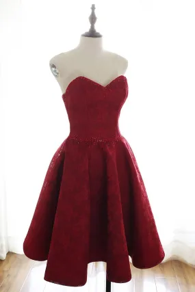 Sweetheart Neck Strapless Burgundy Lace Short Prom Dress Homecoming Dress, Open Back Lace Burgundy Formal Graduation Evening Dress