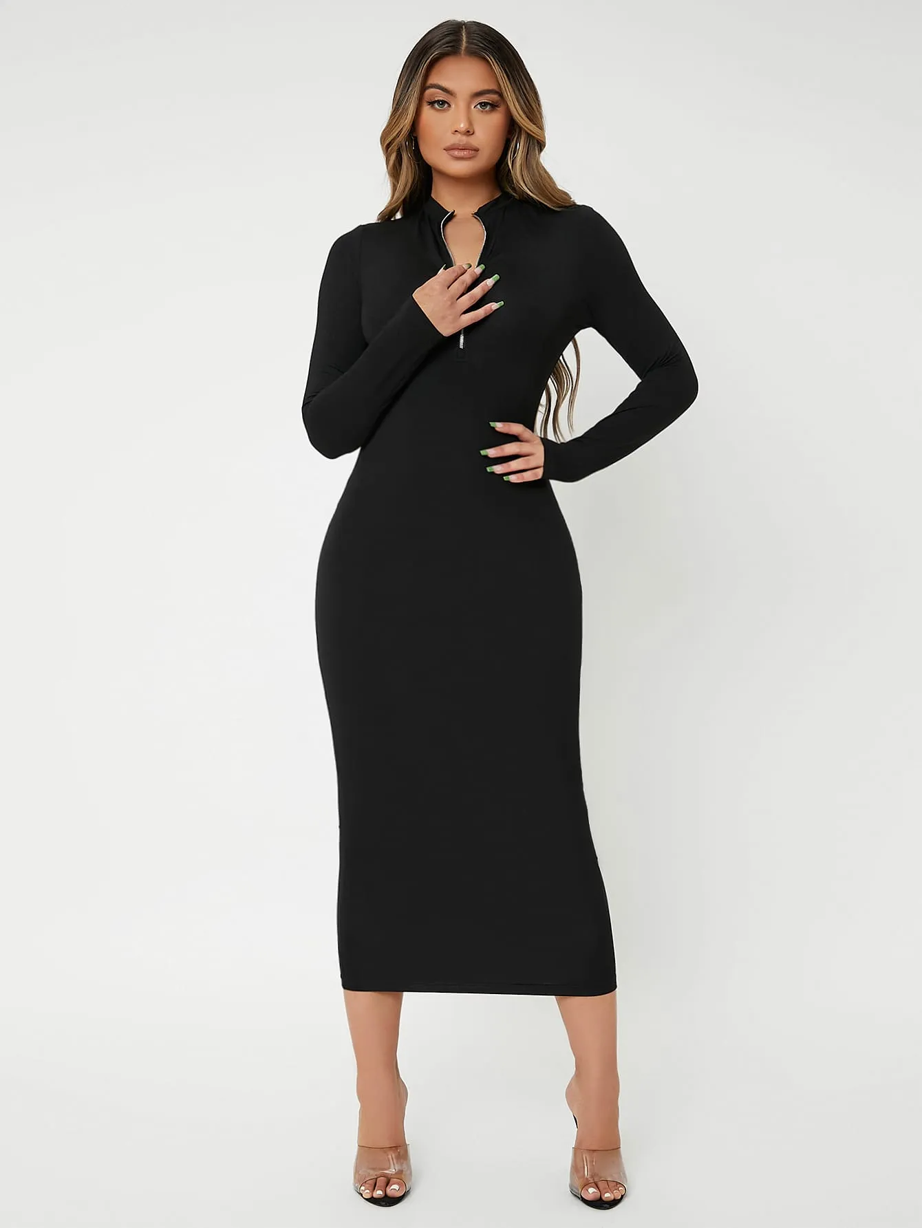 SXY Zip Front Solid Bodycon Dress