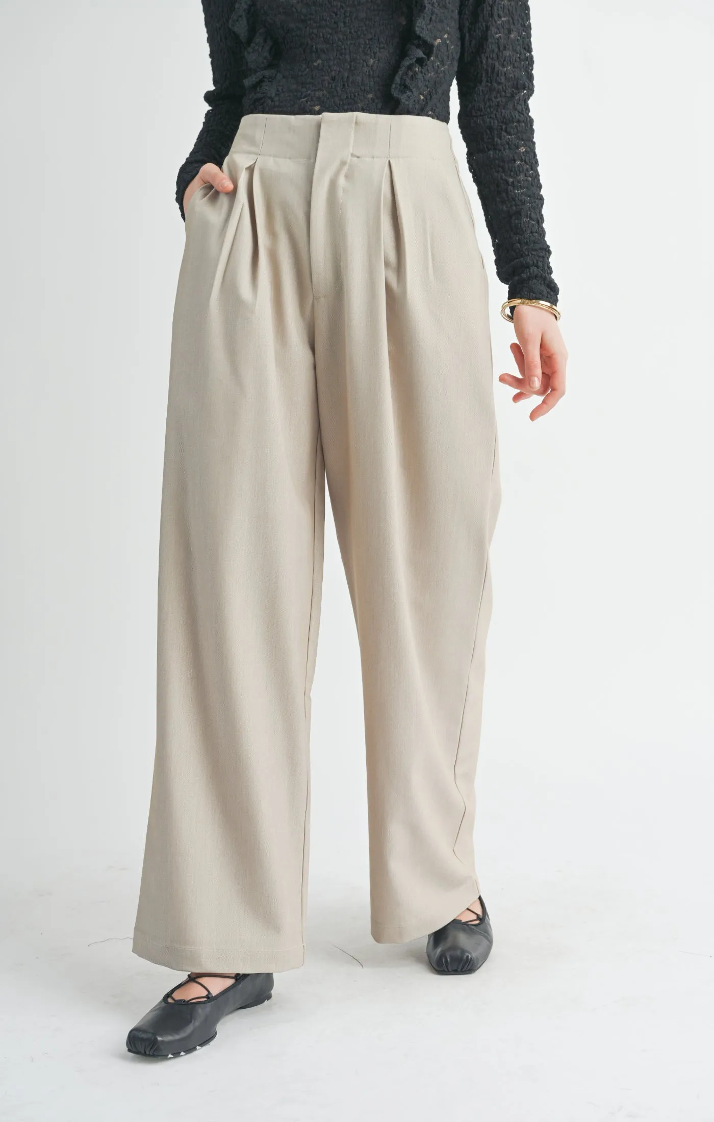 Take Action Pleated Wide Leg Trouser | Beige