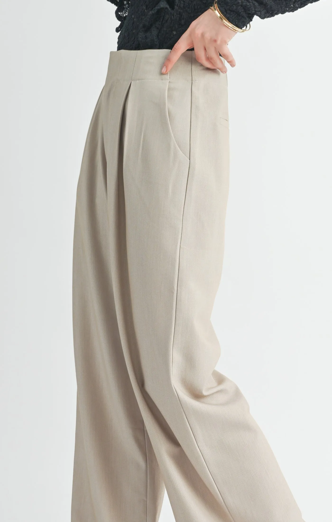 Take Action Pleated Wide Leg Trouser | Beige