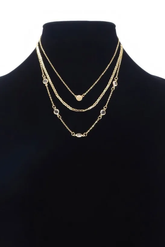 Triple Layered Necklace with Crystal Stone Accents- Gold