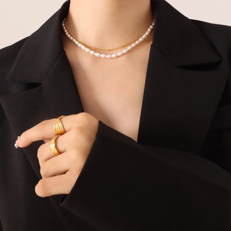 Two Layer Gold Chain Stacked Freshwater Pearl Necklace