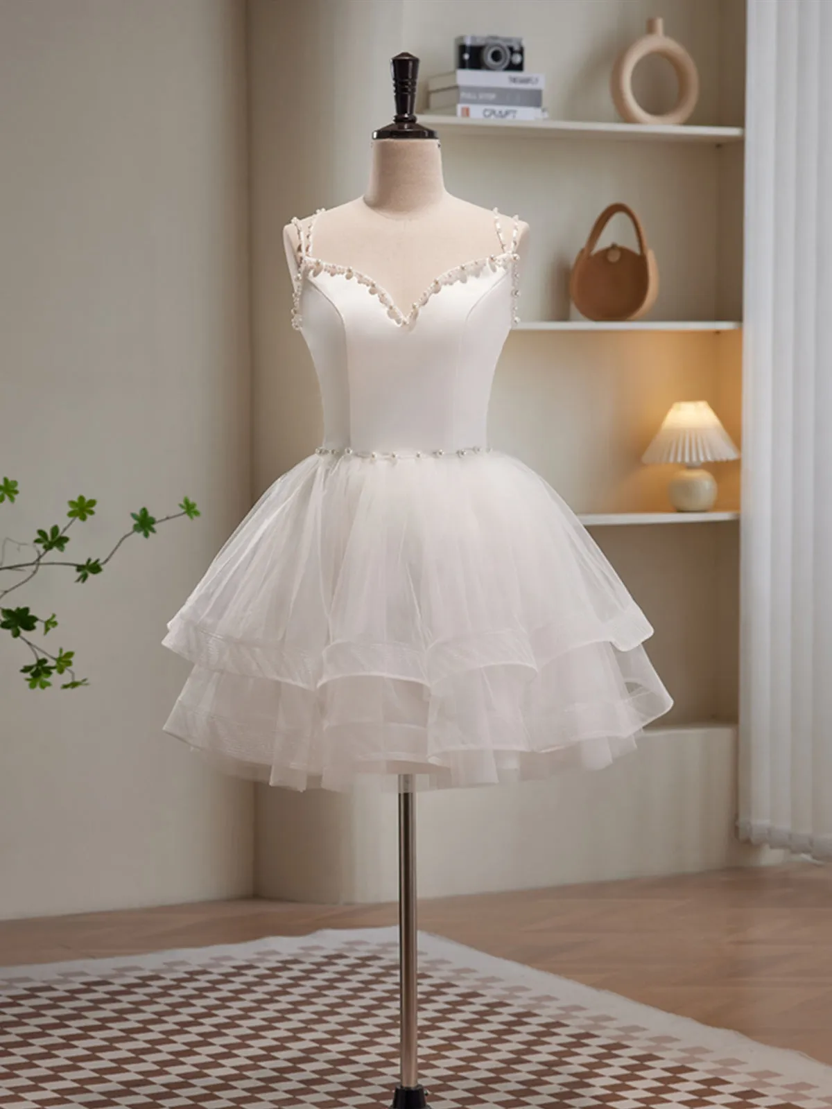 V Neck Short Ivory Layered Prom Dresses, Short Ivory Graduation Homecoming Dresses