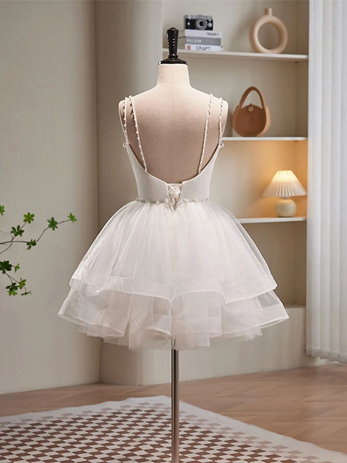 V Neck Short Ivory Layered Prom Dresses, Short Ivory Graduation Homecoming Dresses