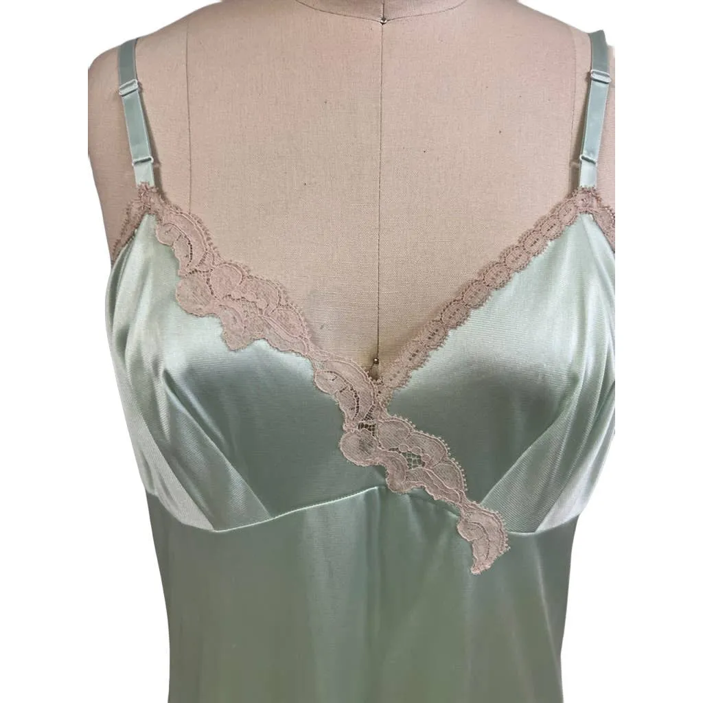 Vanity Fair Nylon Vintage Seafoam Green/lace  Full Slip 36 Long NWOT