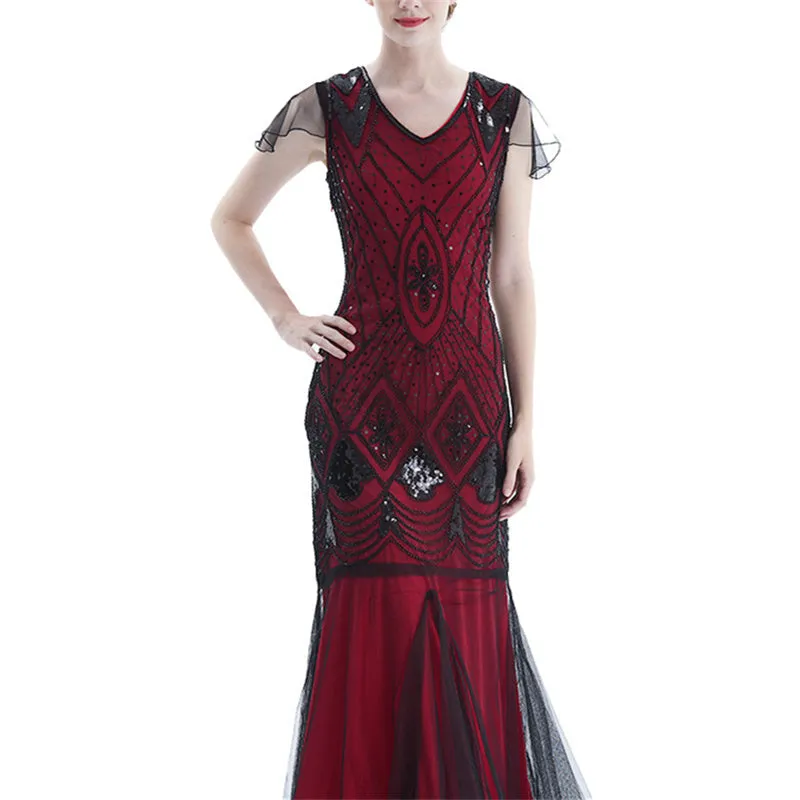 Vintage 1920s sequins lace patchwork costume maxi dress | Retro evening gowns party dress