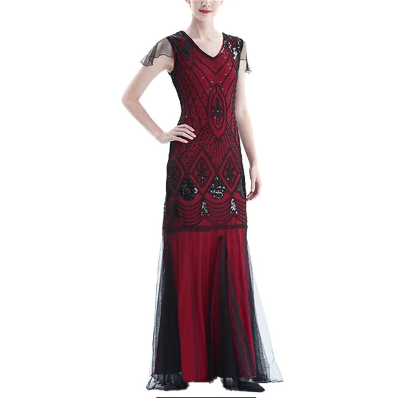 Vintage 1920s sequins lace patchwork costume maxi dress | Retro evening gowns party dress