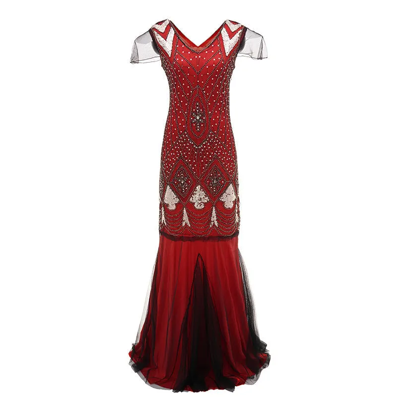 Vintage 1920s sequins lace patchwork costume maxi dress | Retro evening gowns party dress