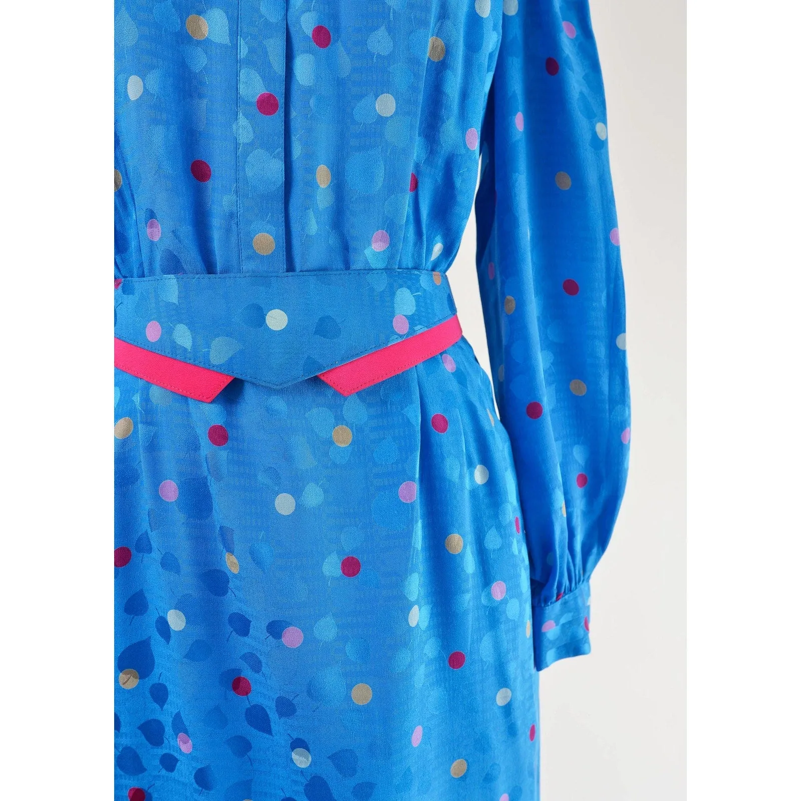 Vintage 80s Blue Silk Polka Dot Puff Sleeve Midi Length Dress with Cinch Belt size M