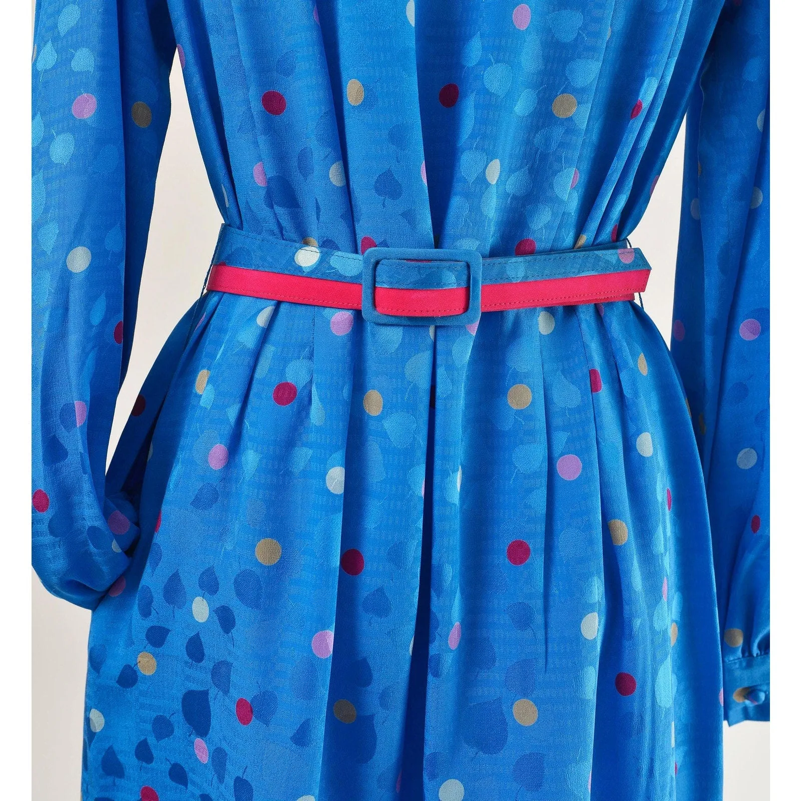 Vintage 80s Blue Silk Polka Dot Puff Sleeve Midi Length Dress with Cinch Belt size M