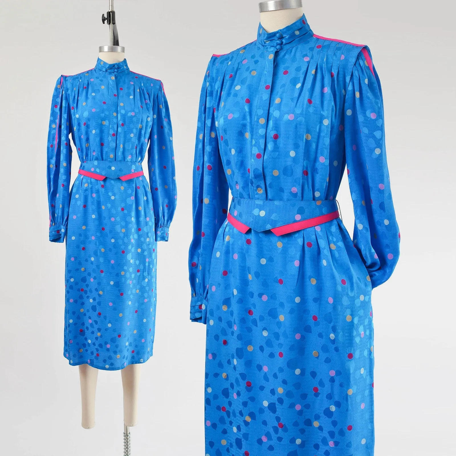 Vintage 80s Blue Silk Polka Dot Puff Sleeve Midi Length Dress with Cinch Belt size M