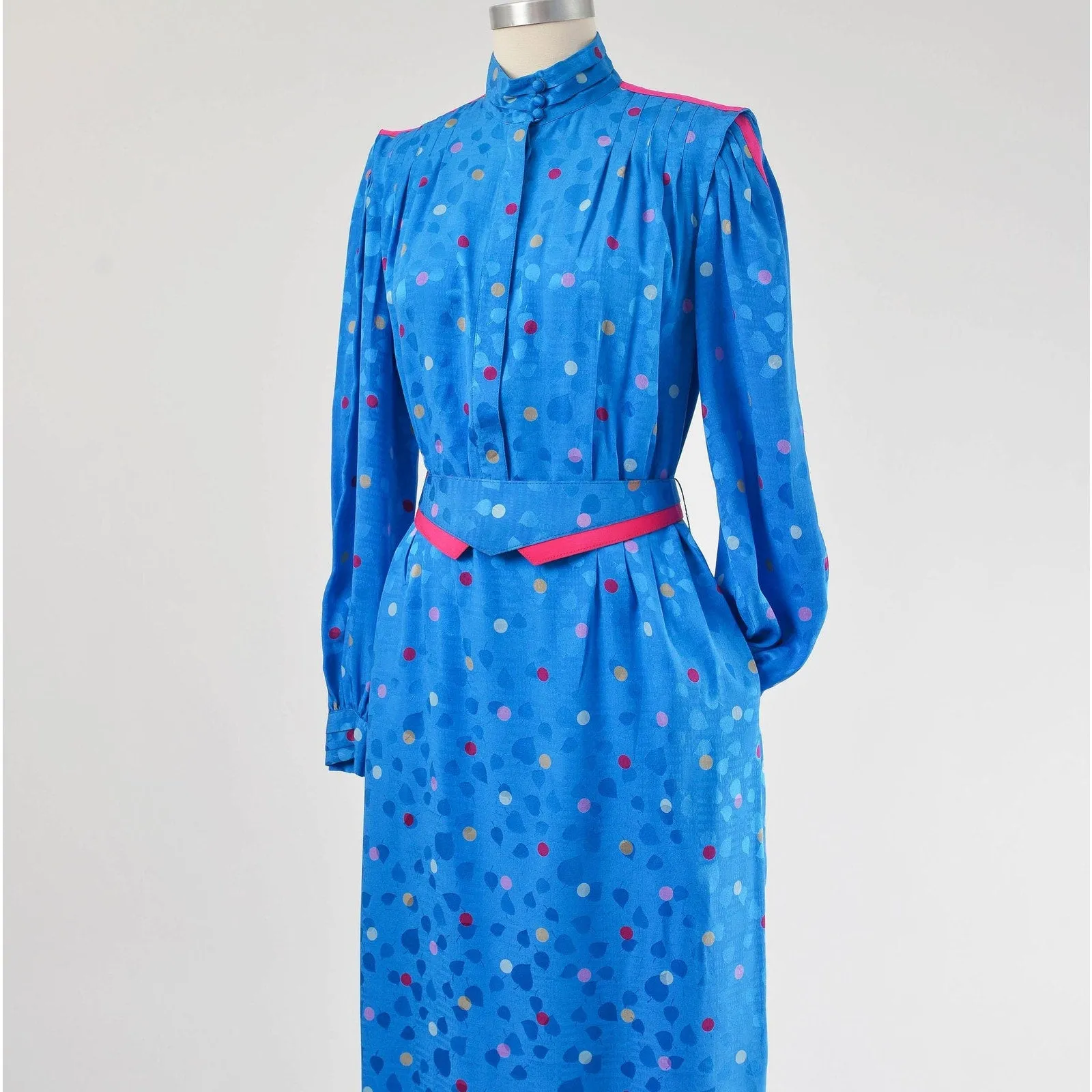 Vintage 80s Blue Silk Polka Dot Puff Sleeve Midi Length Dress with Cinch Belt size M