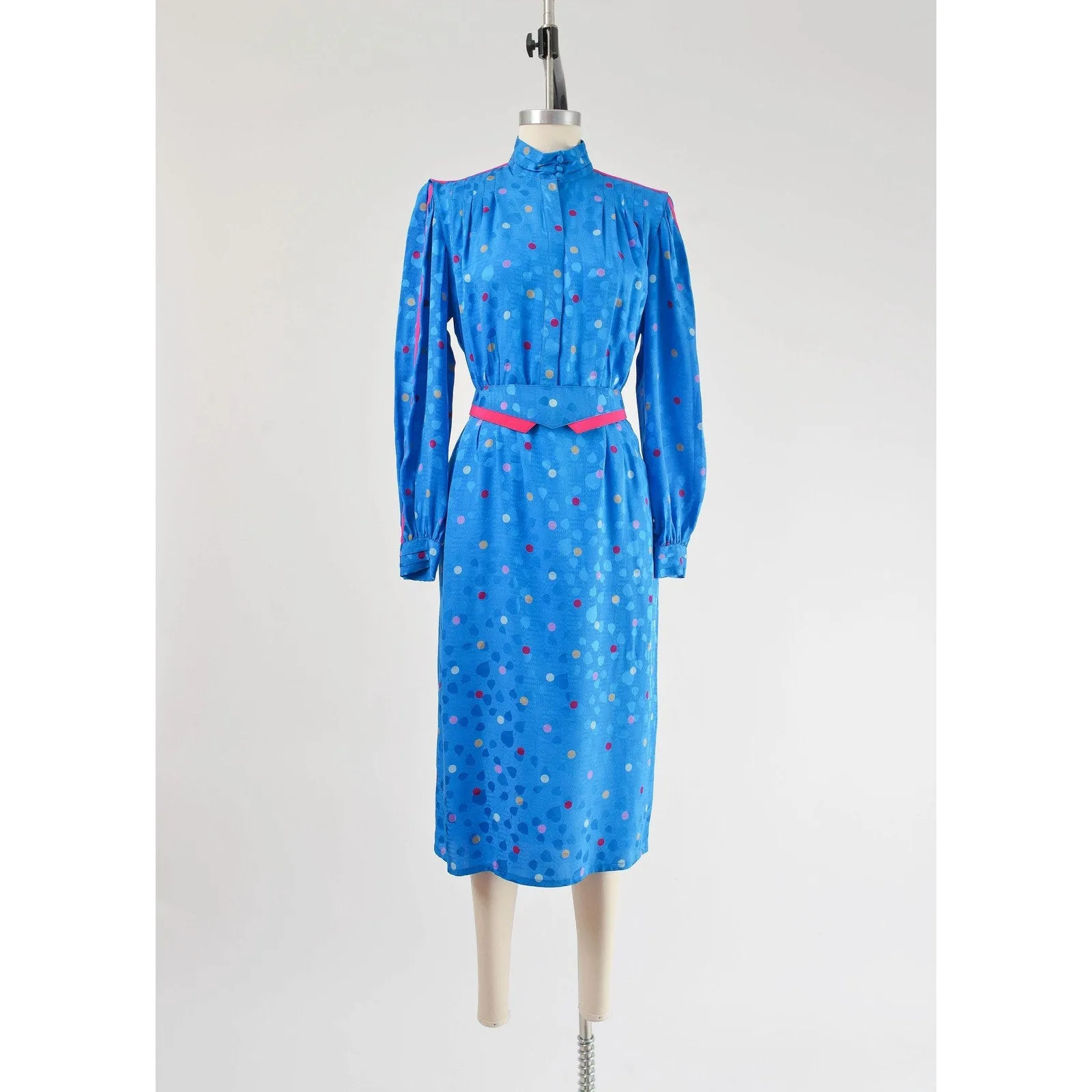 Vintage 80s Blue Silk Polka Dot Puff Sleeve Midi Length Dress with Cinch Belt size M