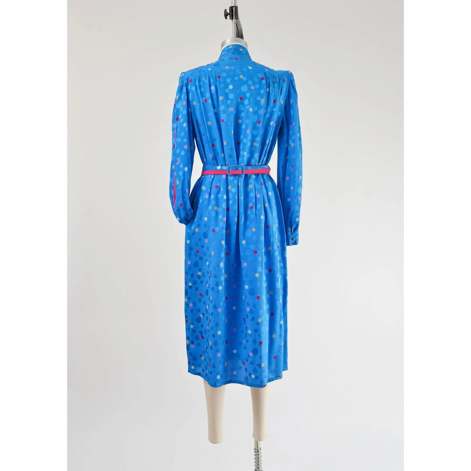 Vintage 80s Blue Silk Polka Dot Puff Sleeve Midi Length Dress with Cinch Belt size M