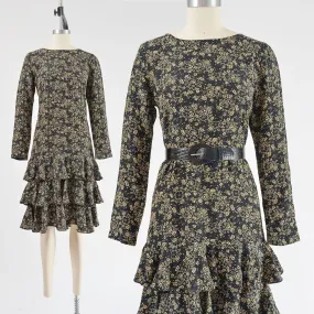 Vintage 80s Silk Floral Dress Black and Tan Dropped Waist Ruffle Tiered Dress size XS S