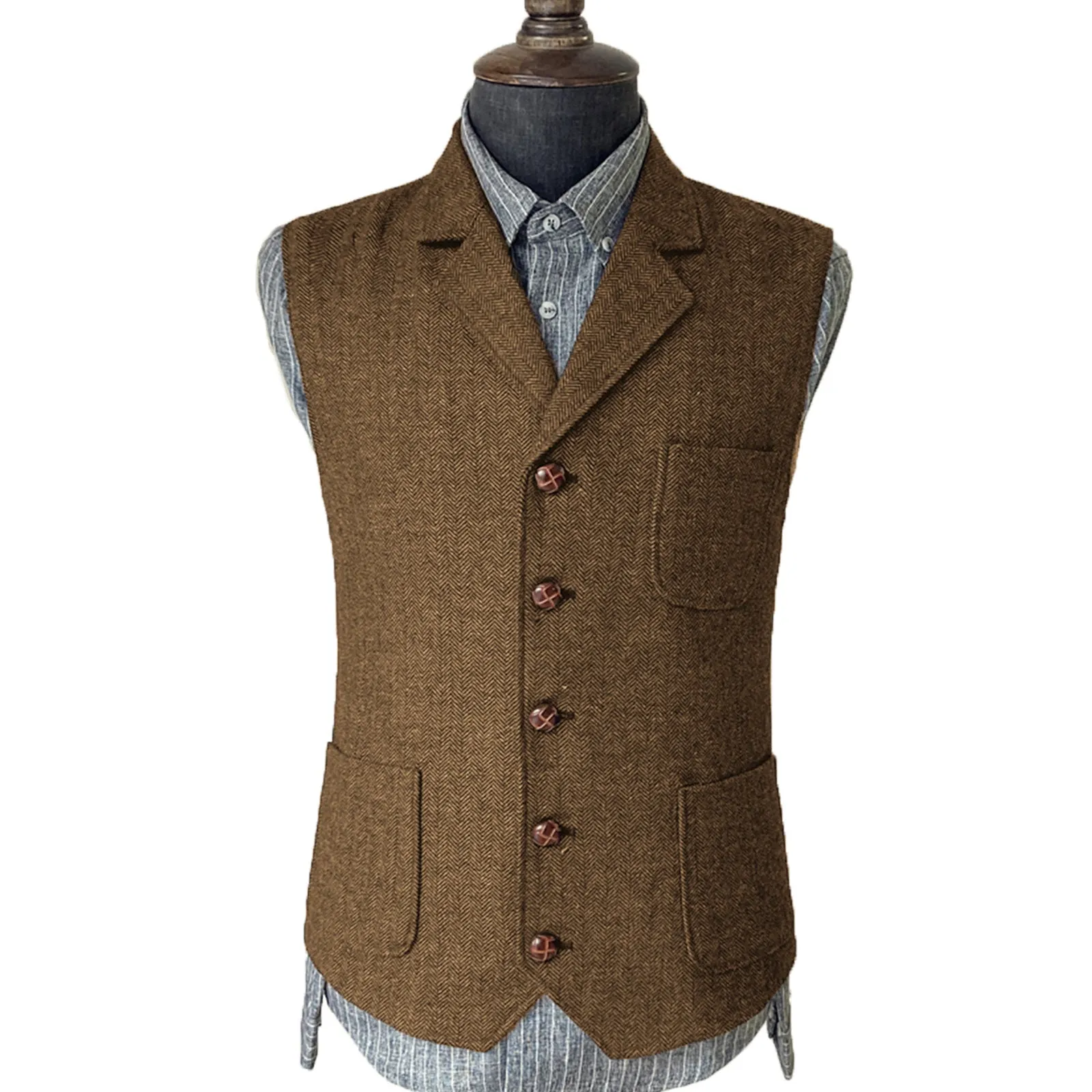 Vintage Classical Men's Suit Regular Fit Notch Lapel Herringbone Waistcoat