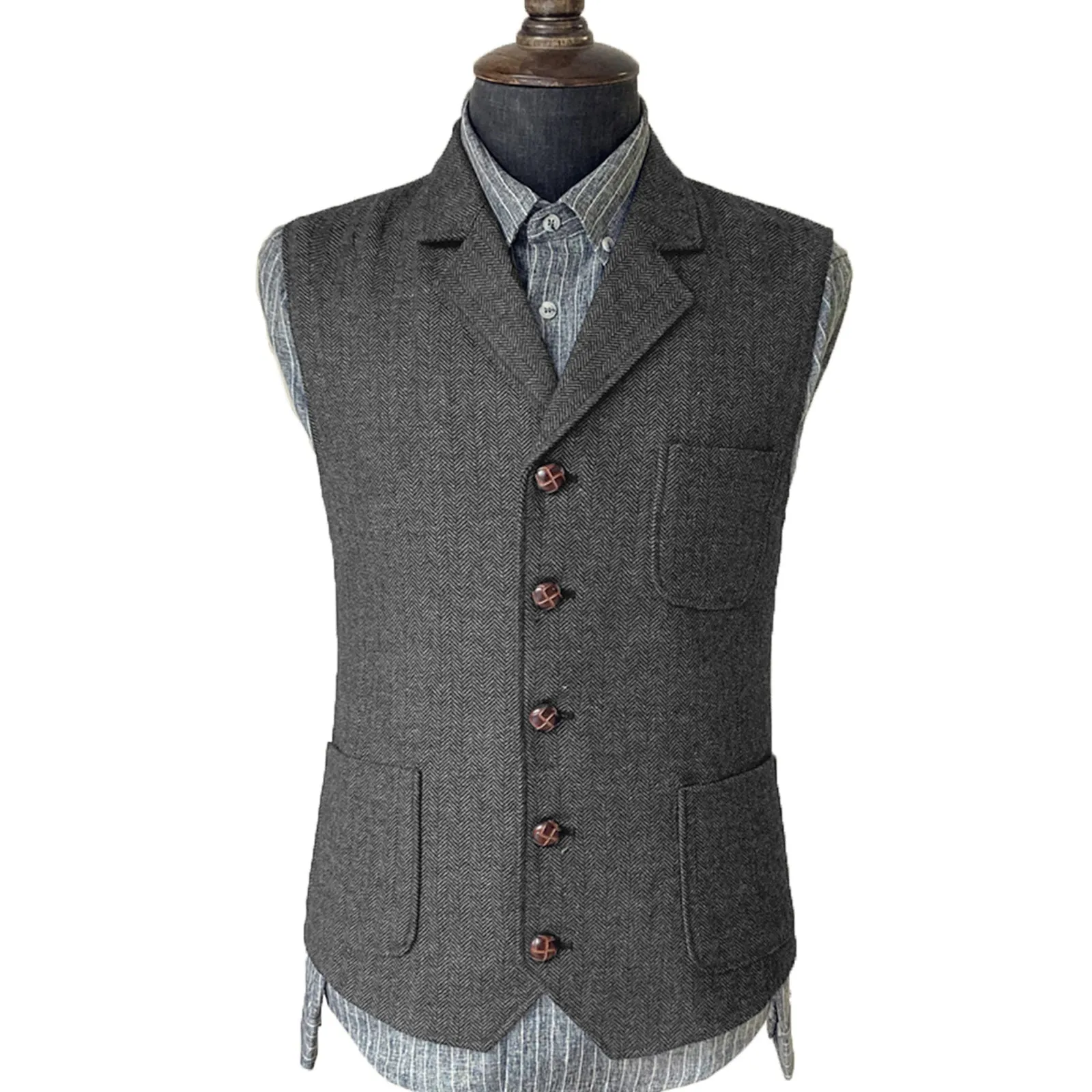 Vintage Classical Men's Suit Regular Fit Notch Lapel Herringbone Waistcoat