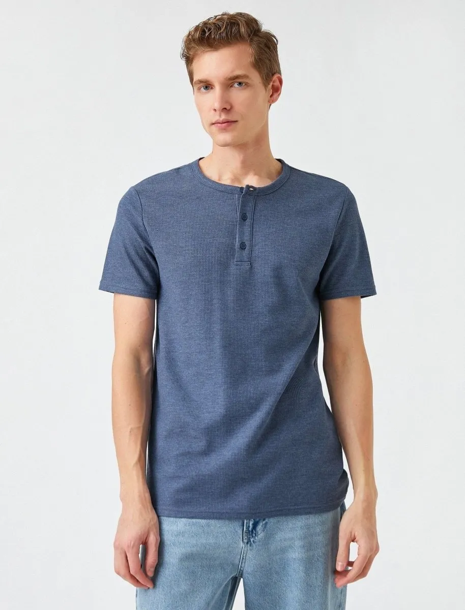 Waffle Henley SS T-shirt in Indigo