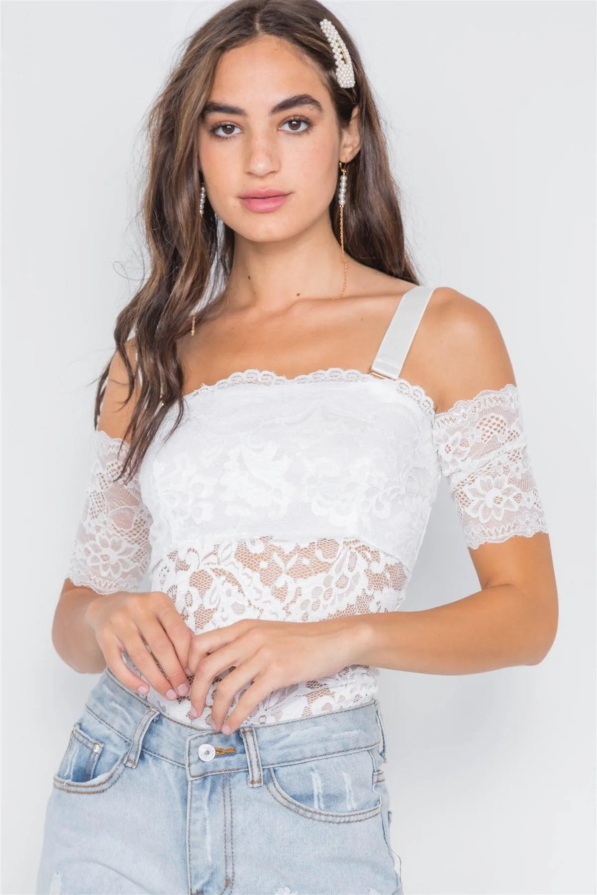 White Cami Off-The-Shoulder Floral Lace Bodysuit