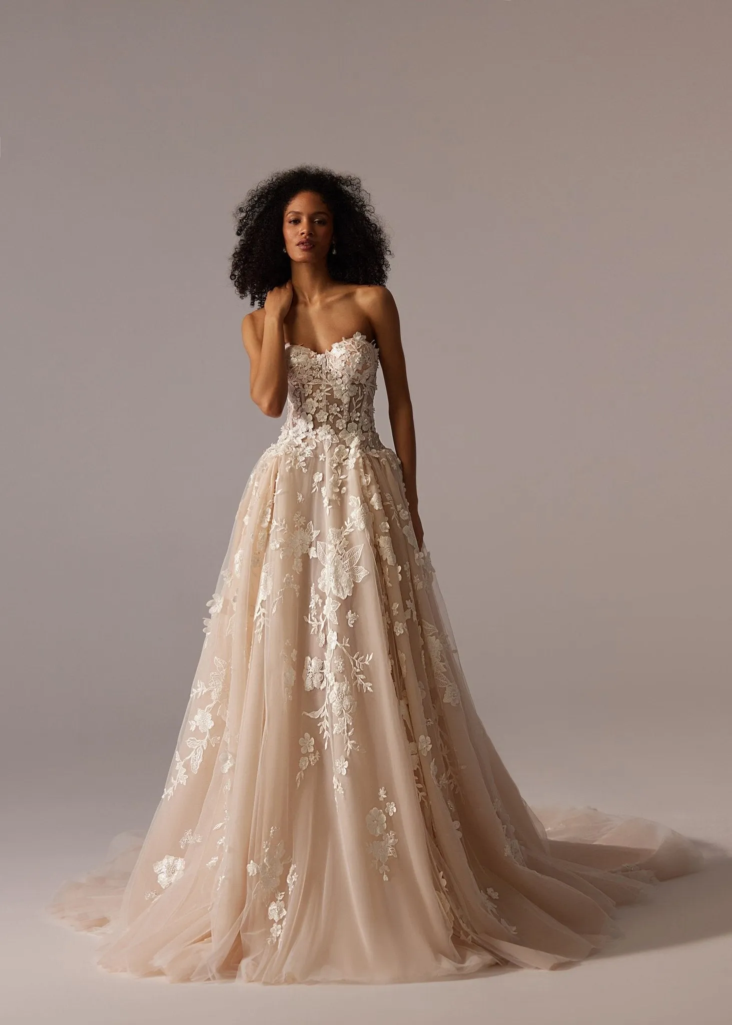 White Floral Appliqué Wedding Dress with Sheer Long Sleeves, Off-Shoulder Draping and Floor-Length Train - Plus Size