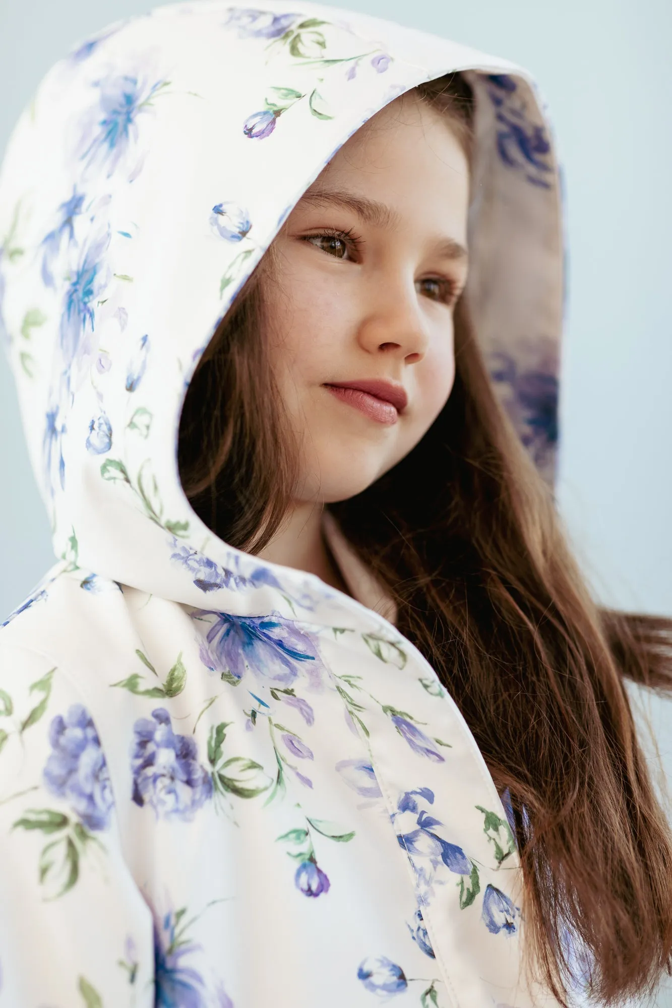 White Trapeze Coat for Girls with Blue Flower Print | 'Floral Dream'