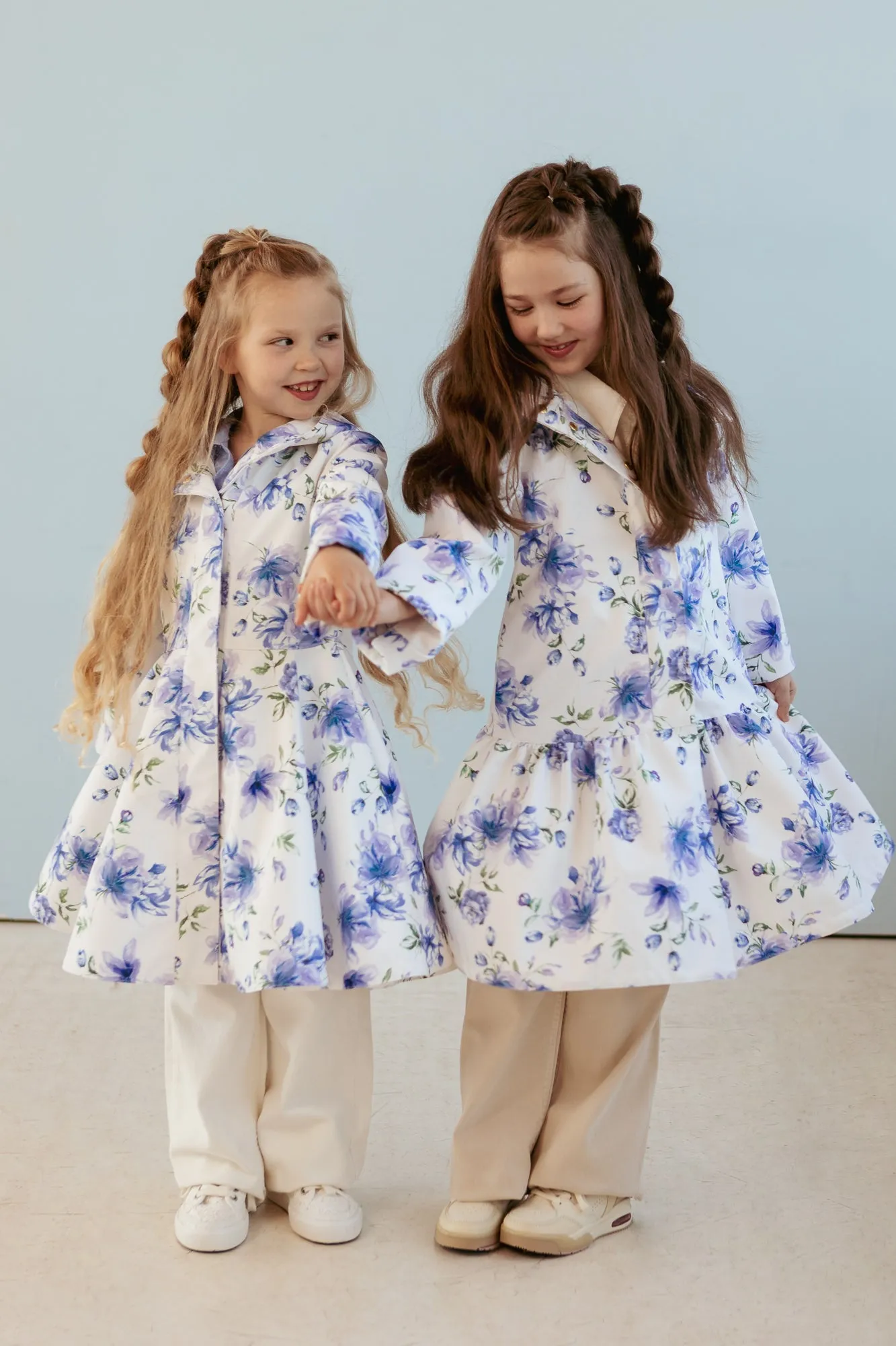 White Trapeze Coat for Girls with Blue Flower Print | 'Floral Dream'