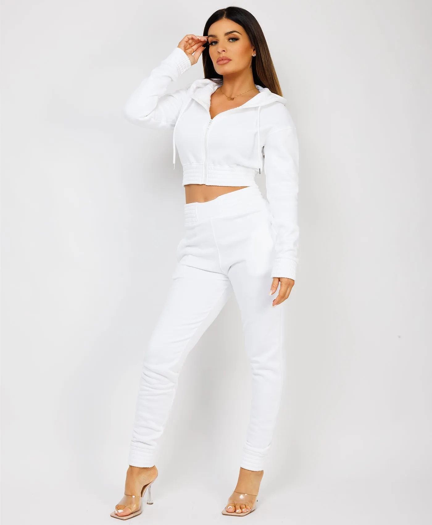 White Zipped Cropped Hooded Tracksuit Loungewear Set