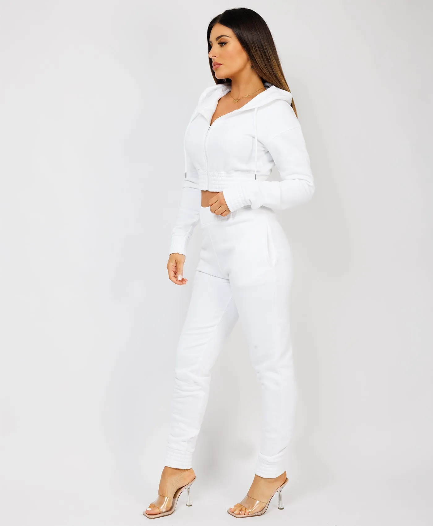 White Zipped Cropped Hooded Tracksuit Loungewear Set