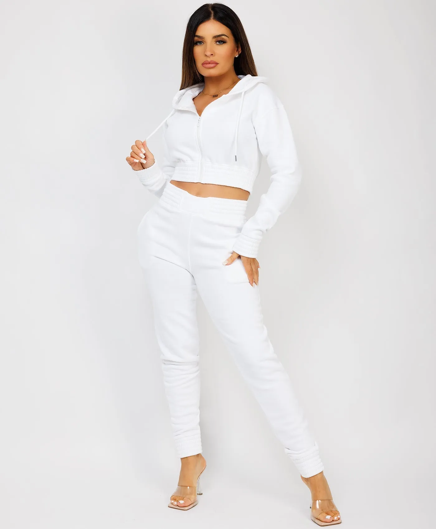 White Zipped Cropped Hooded Tracksuit Loungewear Set