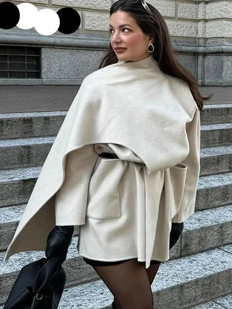 Winter Chic Wool wrap coat scarf coat belted round collar mid peacoat