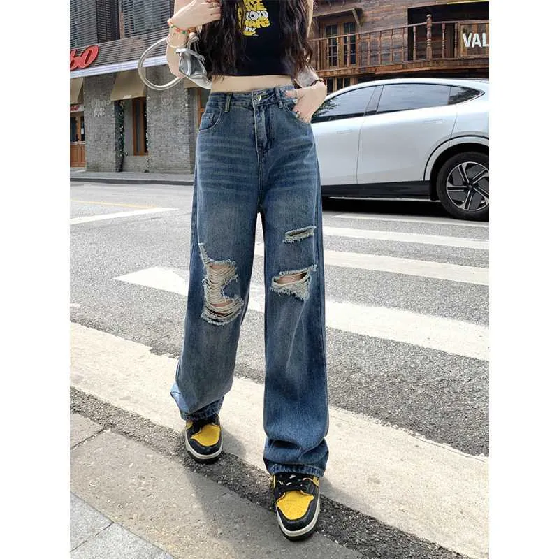 Wjczt joker costume female outfit American-Style Vintage Washed Ripped Wide-Leg Pants Women's Autumn Chic Pants High Waist Jeans Straight Pants