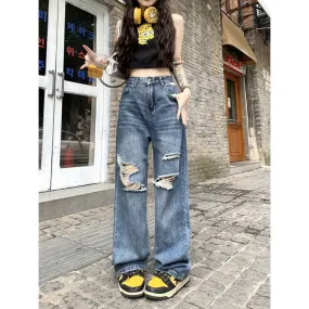 Wjczt joker costume female outfit American-Style Vintage Washed Ripped Wide-Leg Pants Women's Autumn Chic Pants High Waist Jeans Straight Pants