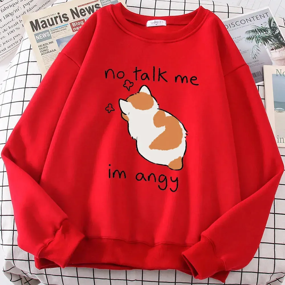 Women Chic Casual No Flattering Cat Print Crew Neck Sweatshirt