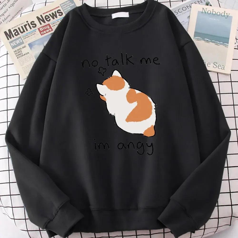 Women Chic Casual No Flattering Cat Print Crew Neck Sweatshirt