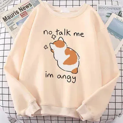 Women Chic Casual No Flattering Cat Print Crew Neck Sweatshirt