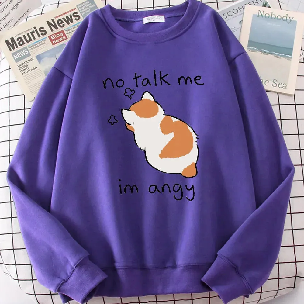 Women Chic Casual No Flattering Cat Print Crew Neck Sweatshirt