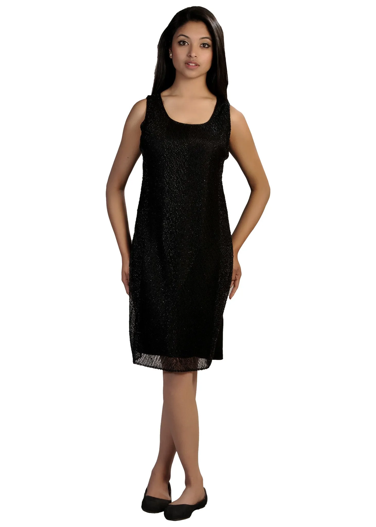 womens-black-sleeveless-embroidery-mini-chinlon-dress