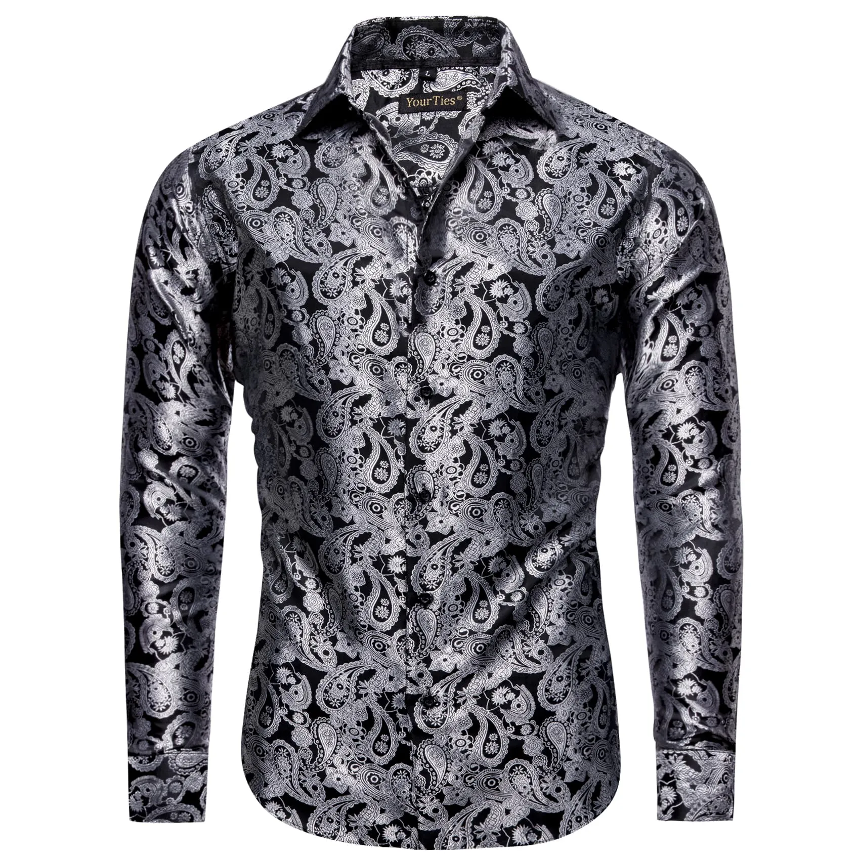 YourTies Silver Grey Paisley Long Sleeve Shirt Men's Silk Wedding Top