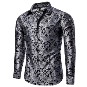 YourTies Silver Grey Paisley Long Sleeve Shirt Men's Silk Wedding Top