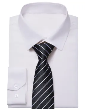 YourTies White Solid Long Sleeve Shirt with Black Striped Silk Necktie for Men